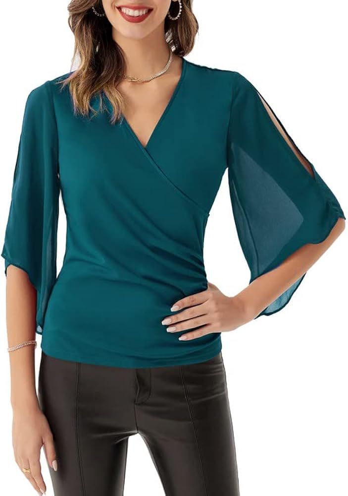GRACE KARIN Women 3/4 Chiffon Sleeve Dressy Blouse Wrap Elastic Shirt Business Casual Party Flatt... | Amazon (US)