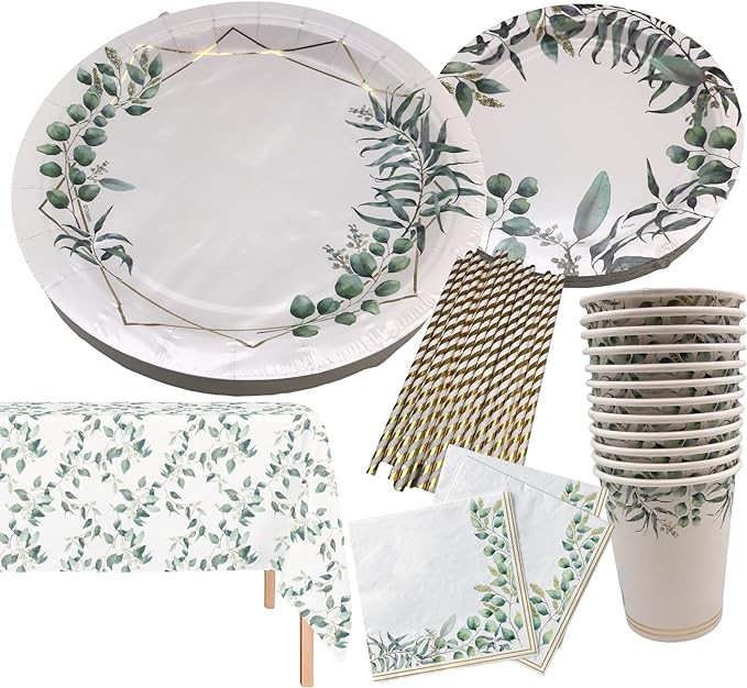 Serves 24 Complete Eucalyptus Greenery Floral Party Supplies, Includes Paper Plates, Cups, Napkin... | Amazon (US)