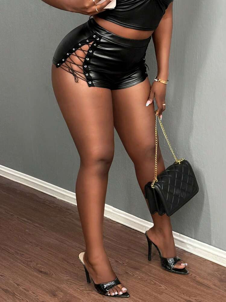 BamGleam Women's Solid Color Grommet Tie PU Leather Sexy Fashion Shorts | SHEIN