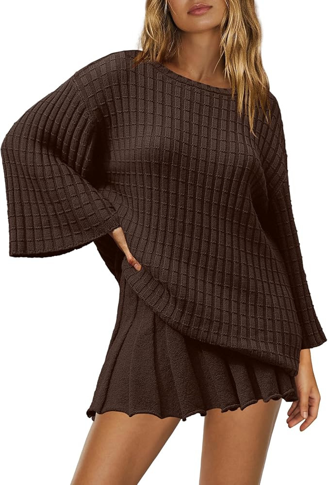 SENSERISE Womens Sweater Set 2 Piece Loungewear Outfits Long Sleeve Top Skirt Sets Tracksuits Paj... | Amazon (US)
