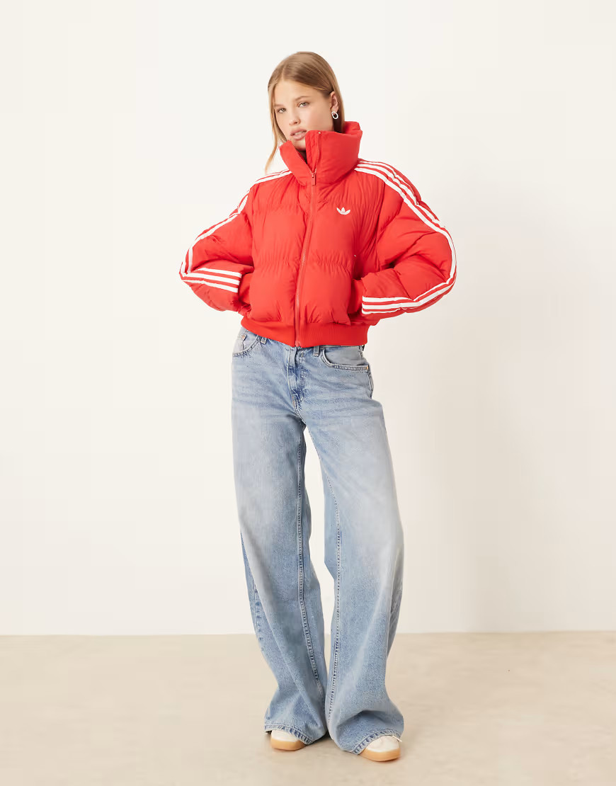 adidas Originals Adicolor cropped synthetic down puffer in better scarlet-Red | ASOS (Global)