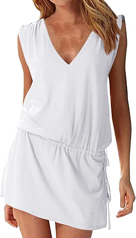 Hount Women's Beach Swimsuit Cover up Deep V-Neck Short Mini Dress Beach Skirt | Amazon (US)