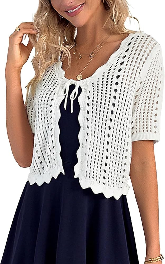 Kate Kasin Women Crochet Shrug Sweater Tie Front Knit Bolero Shrug for Dress Short Sleeve Cropped... | Amazon (US)