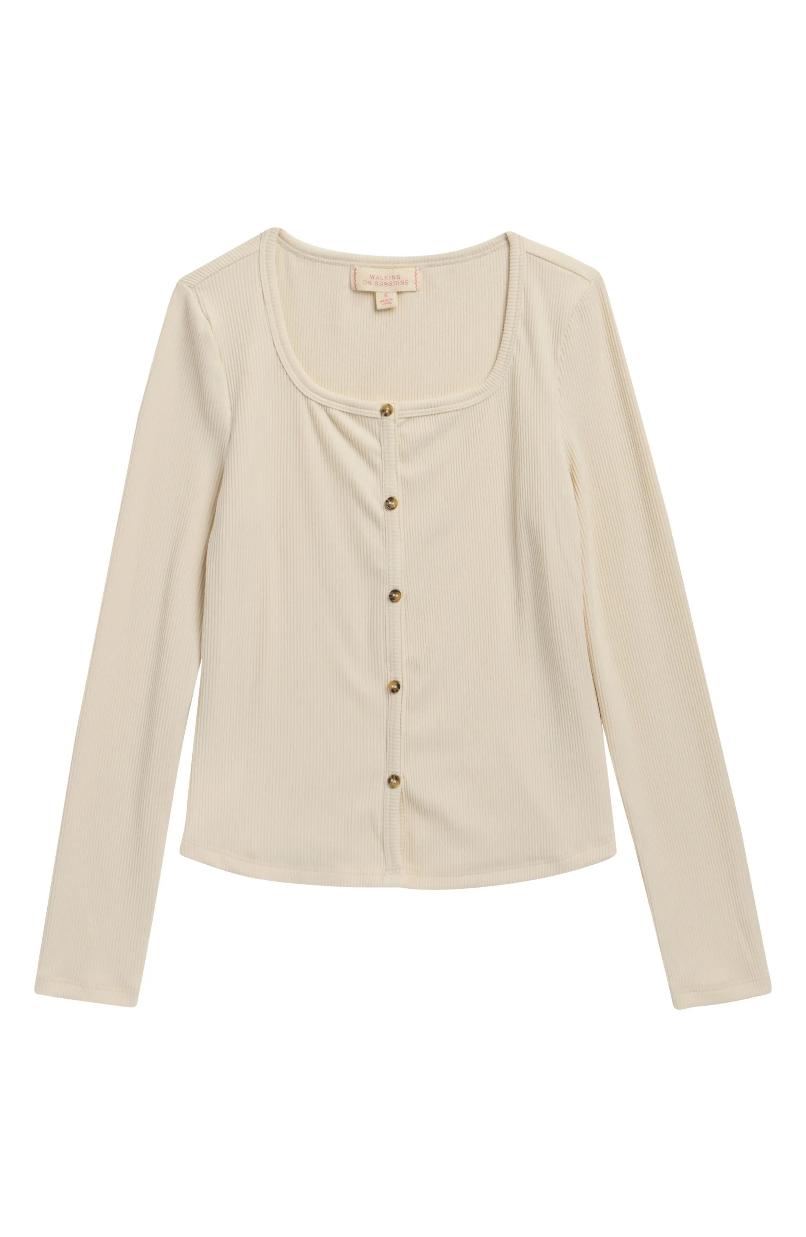 Walking on Sunshine Kids' Long Sleeve Rib Knit Button-Up Top (Women) | Nordstrom | Nordstrom