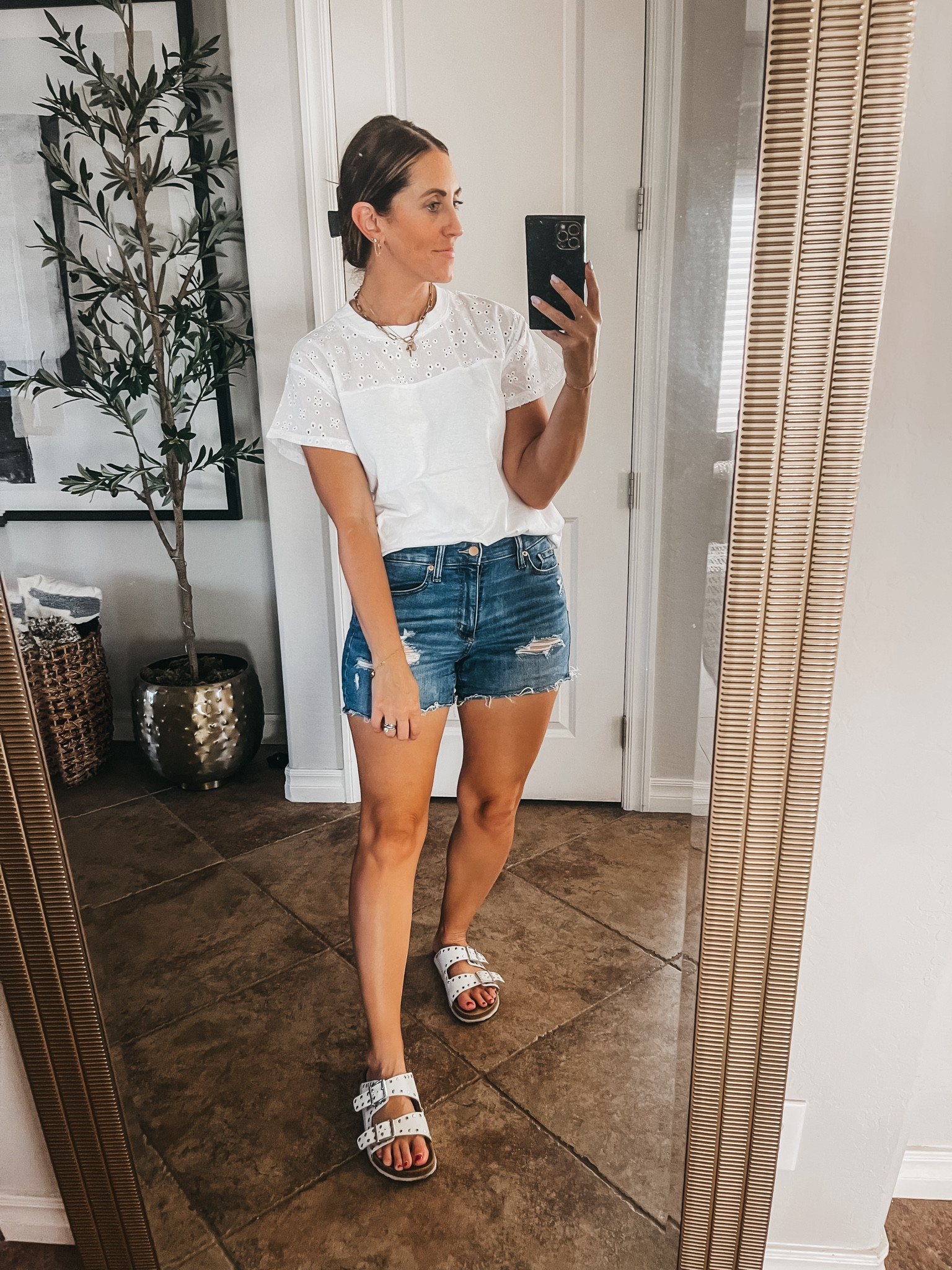 White tee with eyelet detail, wearing size extra small! Paired with denim shorts and white sandals! 

Walmart fashion, summer outfit idea, summer style, Walmart haul 

#LTKsalealert #LTKstyletip #LTKfindsunder50