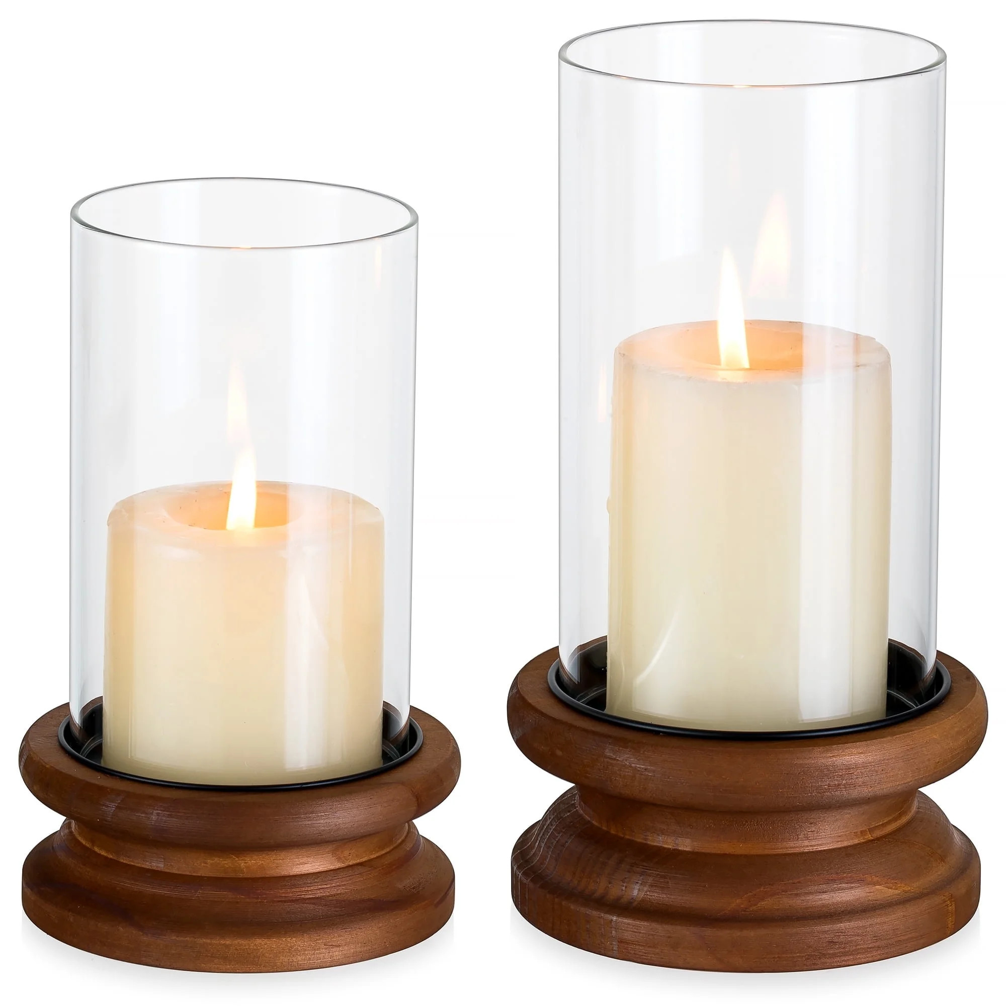 Glasseam Set of 2 Hurricane Candle Holder: Brown Wood Base Clear Glass Shade for Wedding Christma... | Walmart (US)