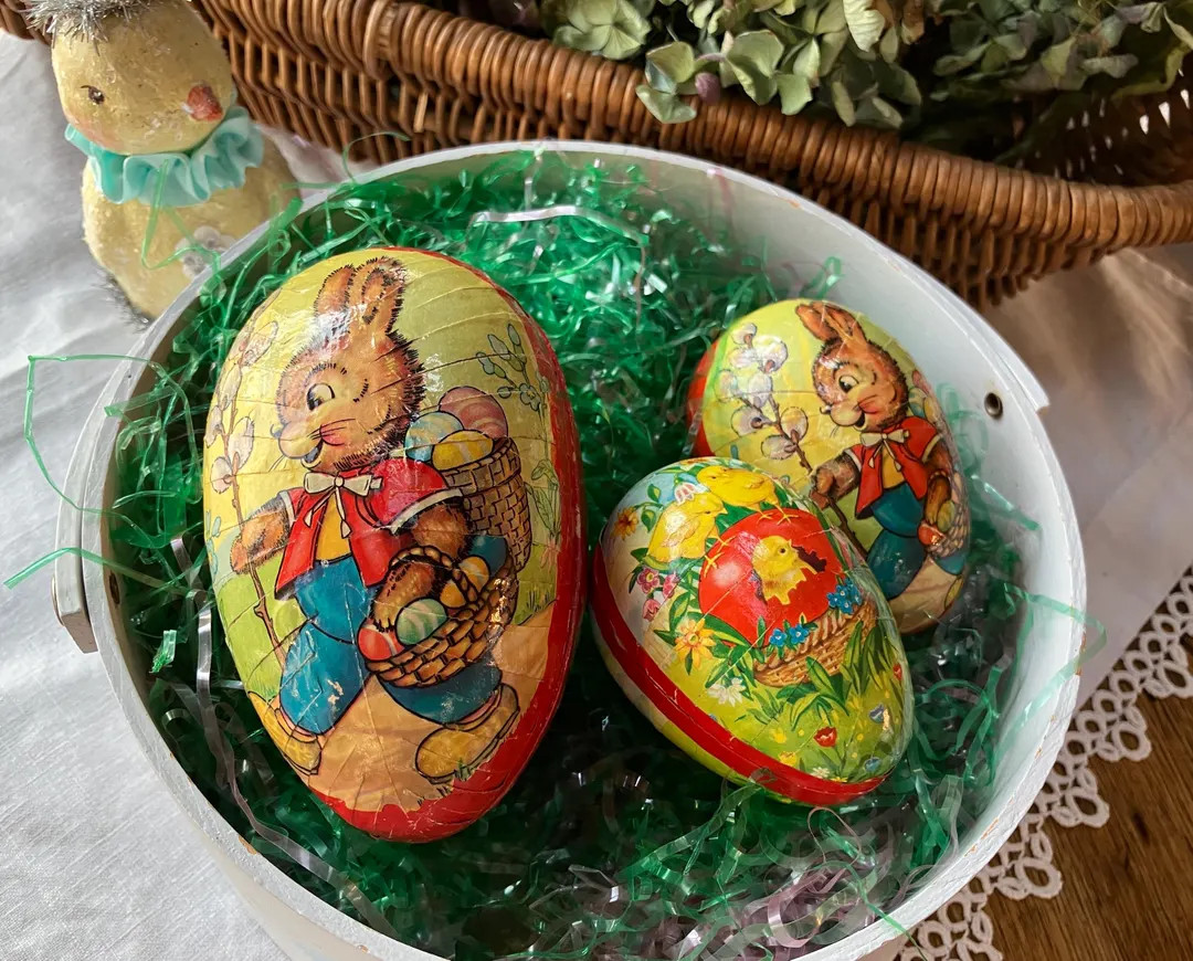 Vintage Set of 3 West German Nesting Paper Mache Easter Eggs, 2 Bunnies and Chicks, Candy Contain... | Etsy (US)