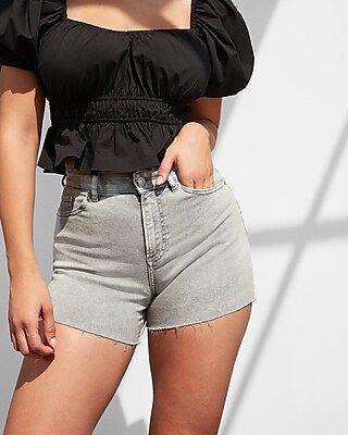 High Waisted Gray Raw Hem Curvy Jean Shorts | Express