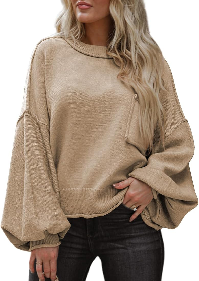 Dokotoo Women's Lantern Sweater 2023 Fall Winter Long Sleeve Casual Cropped Tops Ribbed Hem Knitw... | Amazon (US)