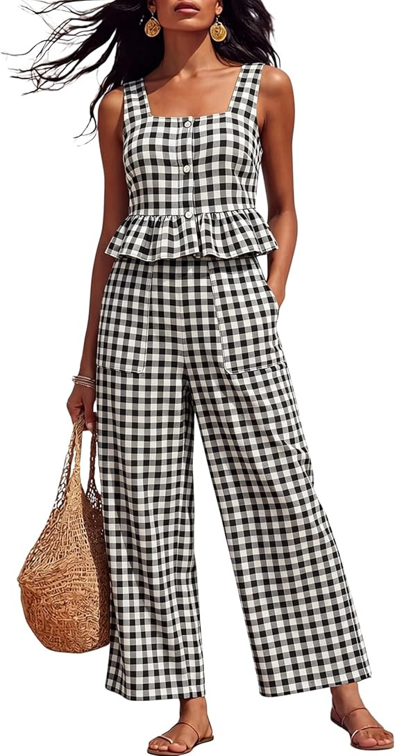 Amazon.com: Tanming 2 Piece Sets for Women Plaid Gingham Summer Tank Top Wide Leg Pants Matching ... | Amazon (US)
