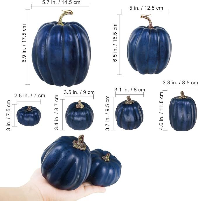 Winlyn 7 Pcs Assorted Sizes Navy Blue Artificial Pumpkins Decorative Dark Blue Pumpkins Faux Foam... | Amazon (US)