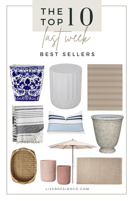 Last week bestselling items for the home. Home decor. Spring decor. Blue and white ceramic planter. Chinoiserie planter. Outdoor planter. Urn planter. Terracotta vase. Indoor outdoor rug. Neutral rug. Patio decor. Striped neutral outdoor rug. Target rug. Outdoor white concrete side accent table. Garden stool. Outdoor pillow. Turkish towel. Bathroom decor. Decorative tray. Coffee table decor. Living room decor. Bath mat. Outdoor patio umbrella. 

#LTKSeasonal #LTKsalealert #LTKhome