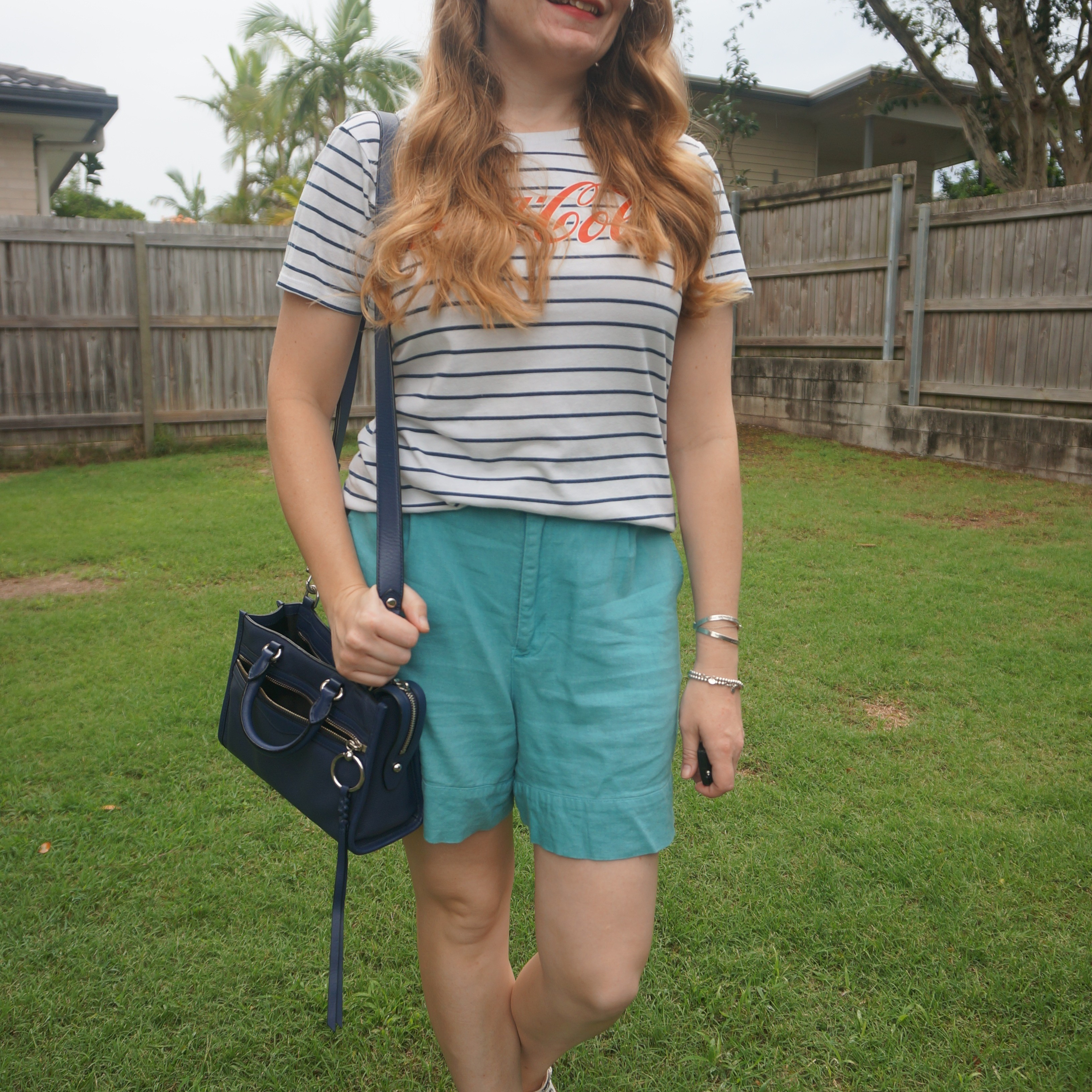 Navy stripe Coca-Cola logo tee with Kmart linen shorts and navy Rebecca Minkoff micro Bedford bag 💙

#LTKbag #LTKaustralia #LTKspring