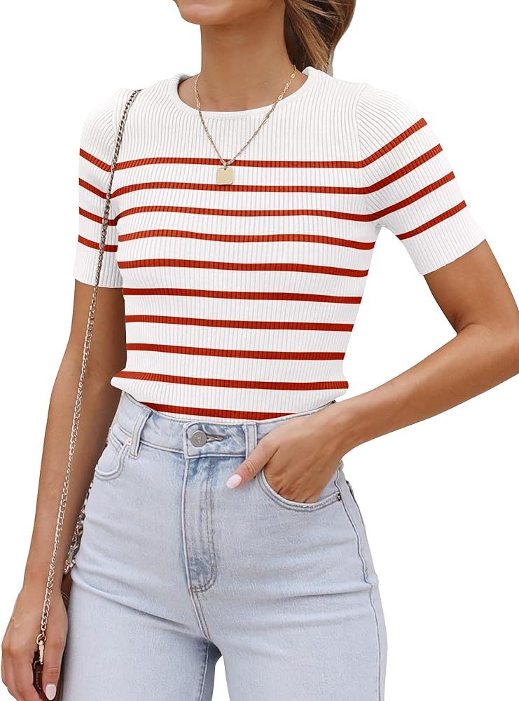ZESICA Women's Short Sleeve Crewneck Striped T Shirt 2024 Summer Ribbed Knit Slim Fit Casual Basi... | Amazon (US)