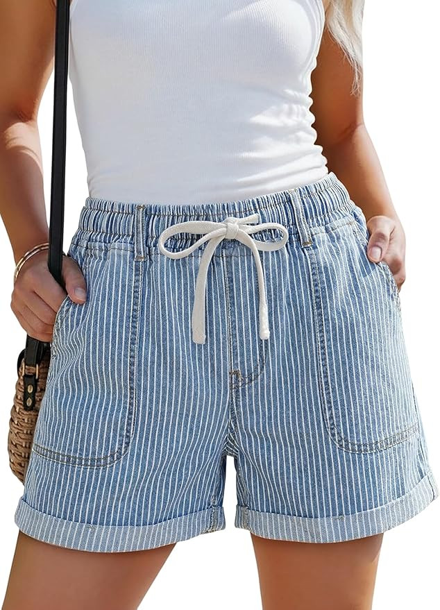 SANMM Jean Shorts Women High Waisted Drawstring Elastic Waist Summer Stretchy Denim Jorts with Po... | Amazon (US)
