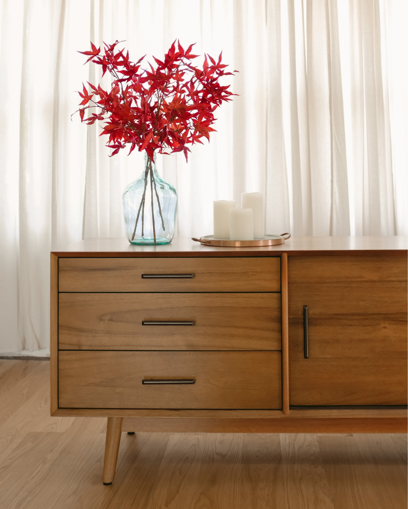Fall decor. Media console Westelm. Japanese maple branches. Flameless led candles wax. Soapstone copper tray. Glass vase.

#LTKunder50 #LTKstyletip #LTKSeasonal