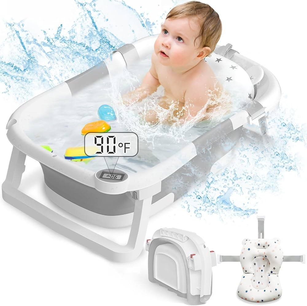 Collapsible Baby Bathtub,Baby Bath Tub with Soft Cushion & Thermometer,Baby Bathtub Newborn to To... | Amazon (US)