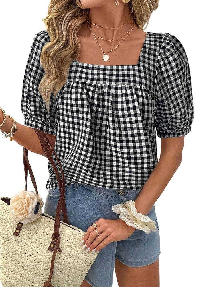 Wolddress Women's Summer Blouse Casual Square Collar Plaid Basic Short Sleeve Blouse Spring Tops | Amazon (US)