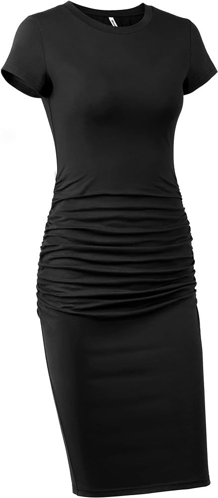 Missufe Women's Short Sleeve Ruched Casual Sundress Midi Bodycon T Shirt Dress | Amazon (US)