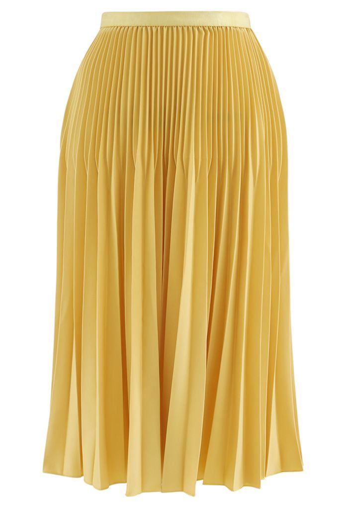 Solid Color Pleated A-Line Midi Skirt in Mustard | Chicwish