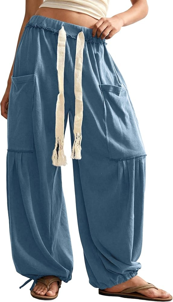Springrain Women's Baggy Wide Leg Pants Casual Drawstring Harem Pants Bohemian Trousers with Big ... | Amazon (US)