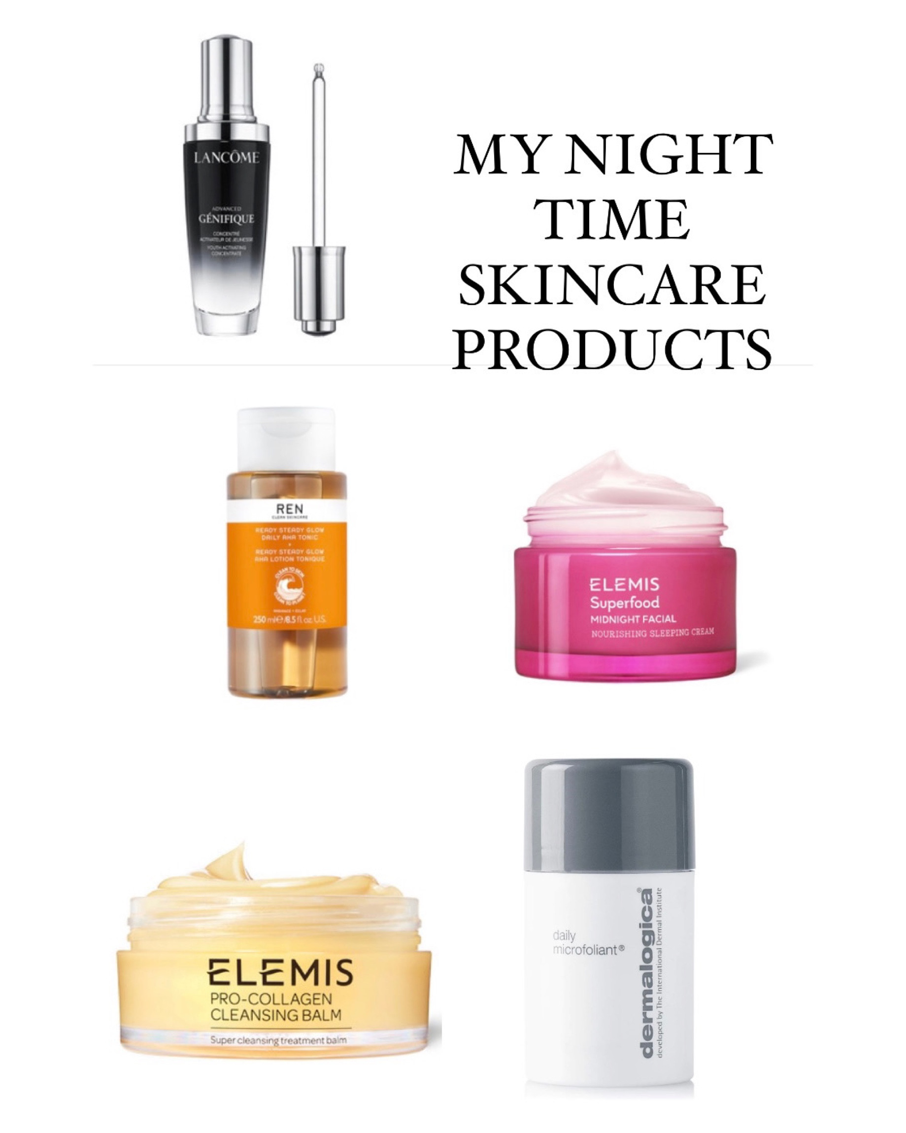 My nighttime skin care product lineup! I always use the cleansing balm first, followed by the dermalogica daily exfoliant. Next I use the ren toner with a cotton pad, followed by my serum (top) and then Elemis sleeping cream 🤍

#LTKbeauty #LTKtravel #LTKunder100