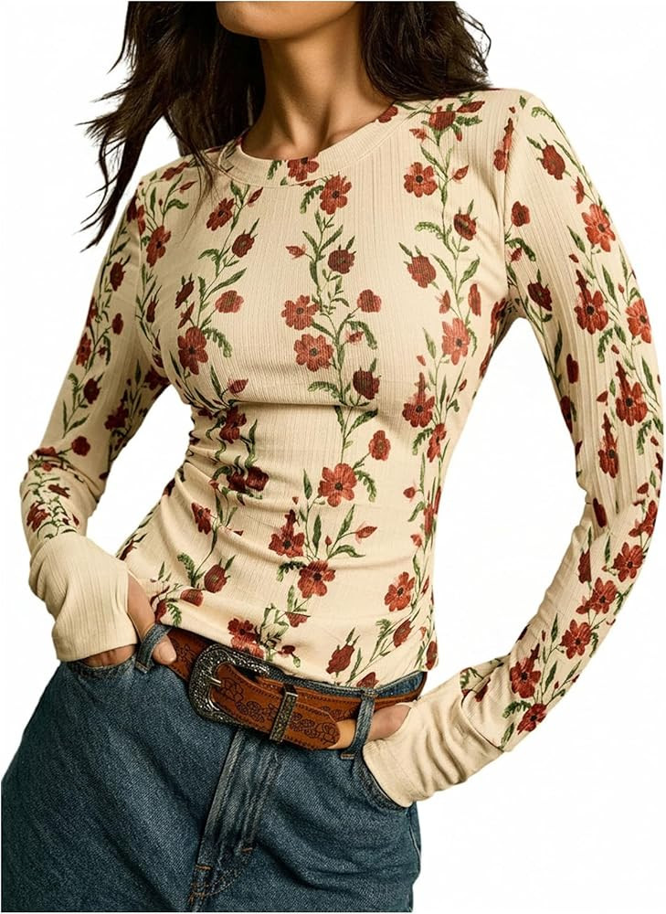 Women's Ribbed Knit Floral Tops Crew Neck Long Sleeve T Shirts Slim Fit Fall Tops | Amazon (US)