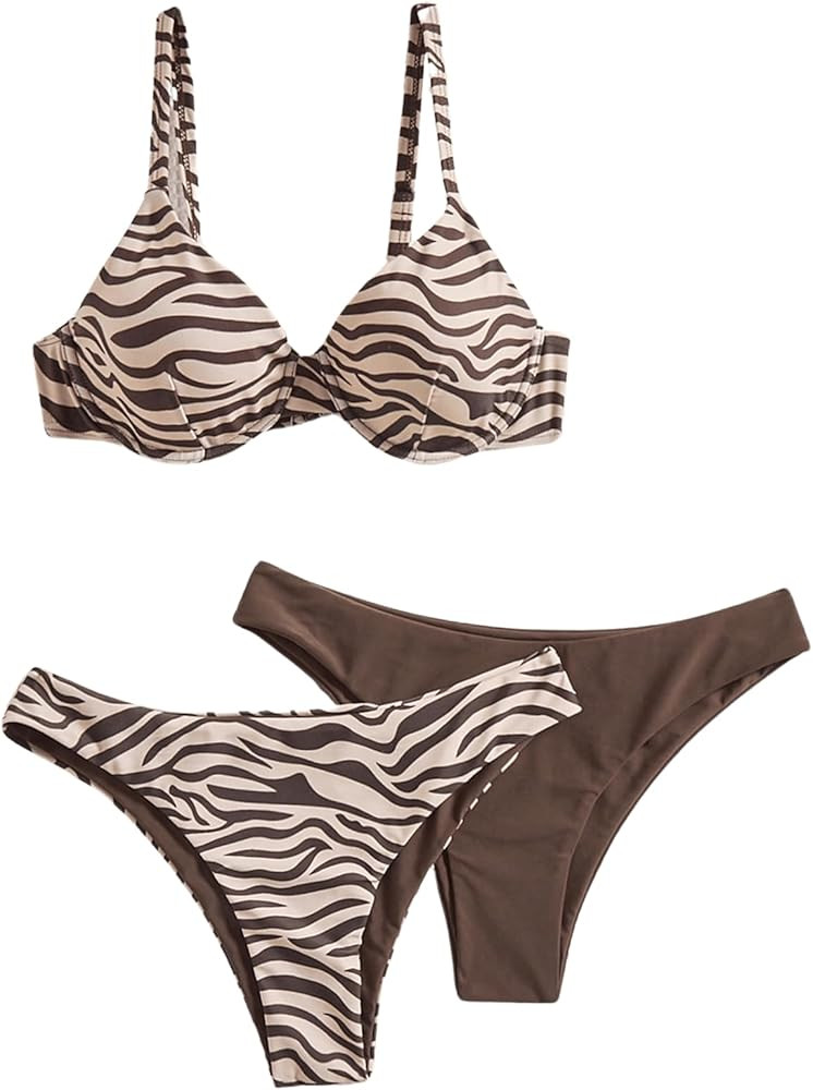 MakeMeChic Women's 3 Piece Bikini Set Zebra Striped Underwire Push Up Swimsuit | Amazon (US)