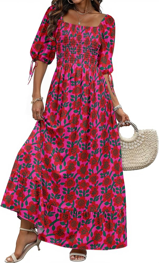 Women Boho Maxi Dresses Summer 2025 Puff Sleeve Square Neck Smocked Aline Casual Ruffle Tiered Fl... | Amazon (US)