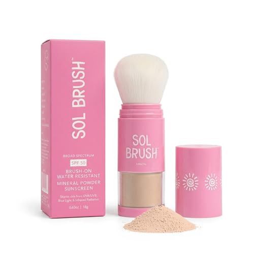 Sol Brush SPF 50 Mineral Sunscreen Powder, Broad Spectrum UVA/UVB Protection Sunscreen, Mess Free Brush On Applicator, Clean & Cruelty Free, Water Resistant (80 Minutes), Pink, Fair | Amazon (US)
