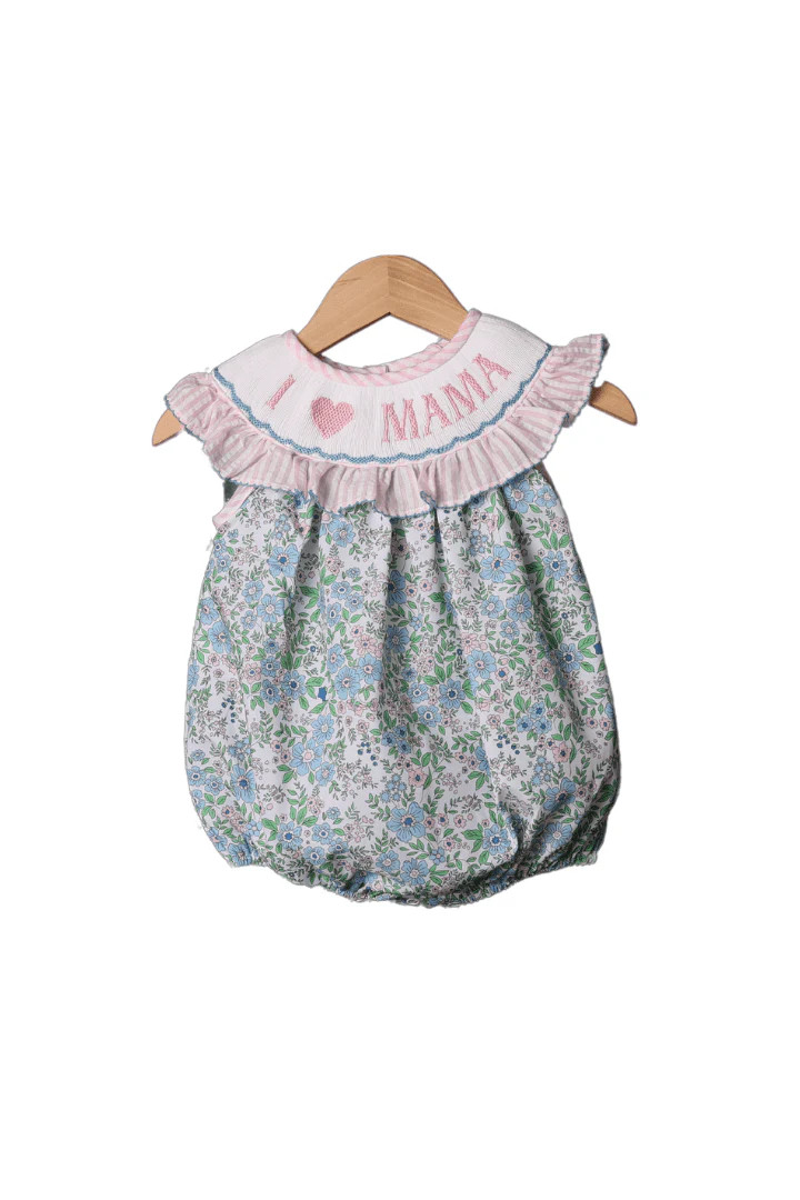 Smocked I Love Mama Pink Floral Bubble | The Smocked Flamingo
