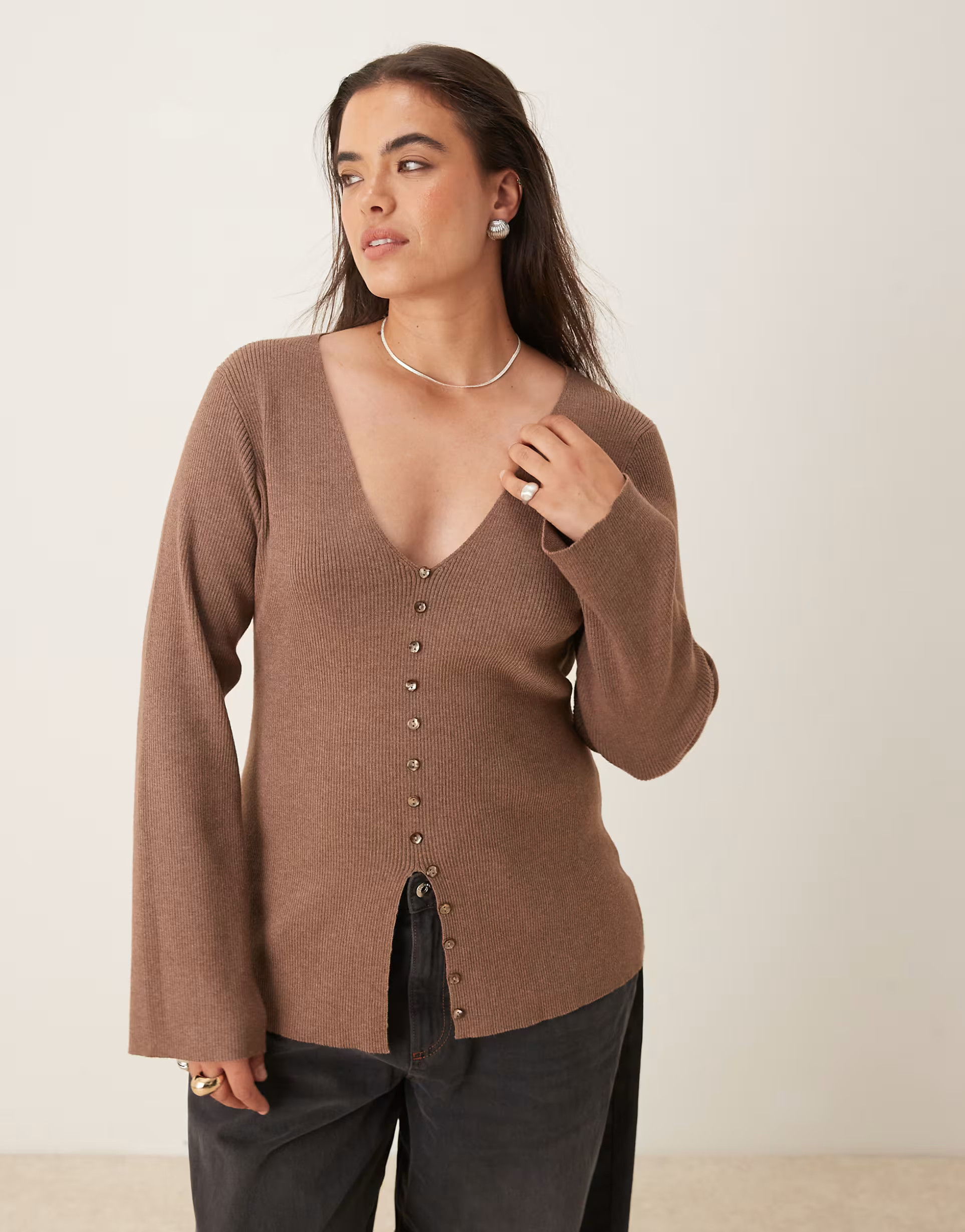 Home› Women› Jumpers & Cardigans› Pretty Lavish Curve knit cardigan in brown | ASOS (Global)