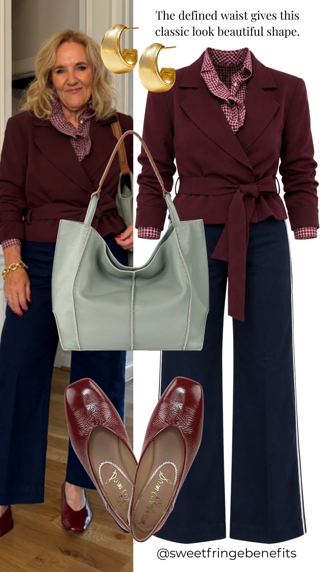 I have to say, that tied waist gives this little jacket such a flattering shape. I’m wearing a medium petite in the jacket, a small petite in the ruffle blouse, and an 8 regular in the navy pants.

#LTKootd #LTKWorkwear #LTKOver40