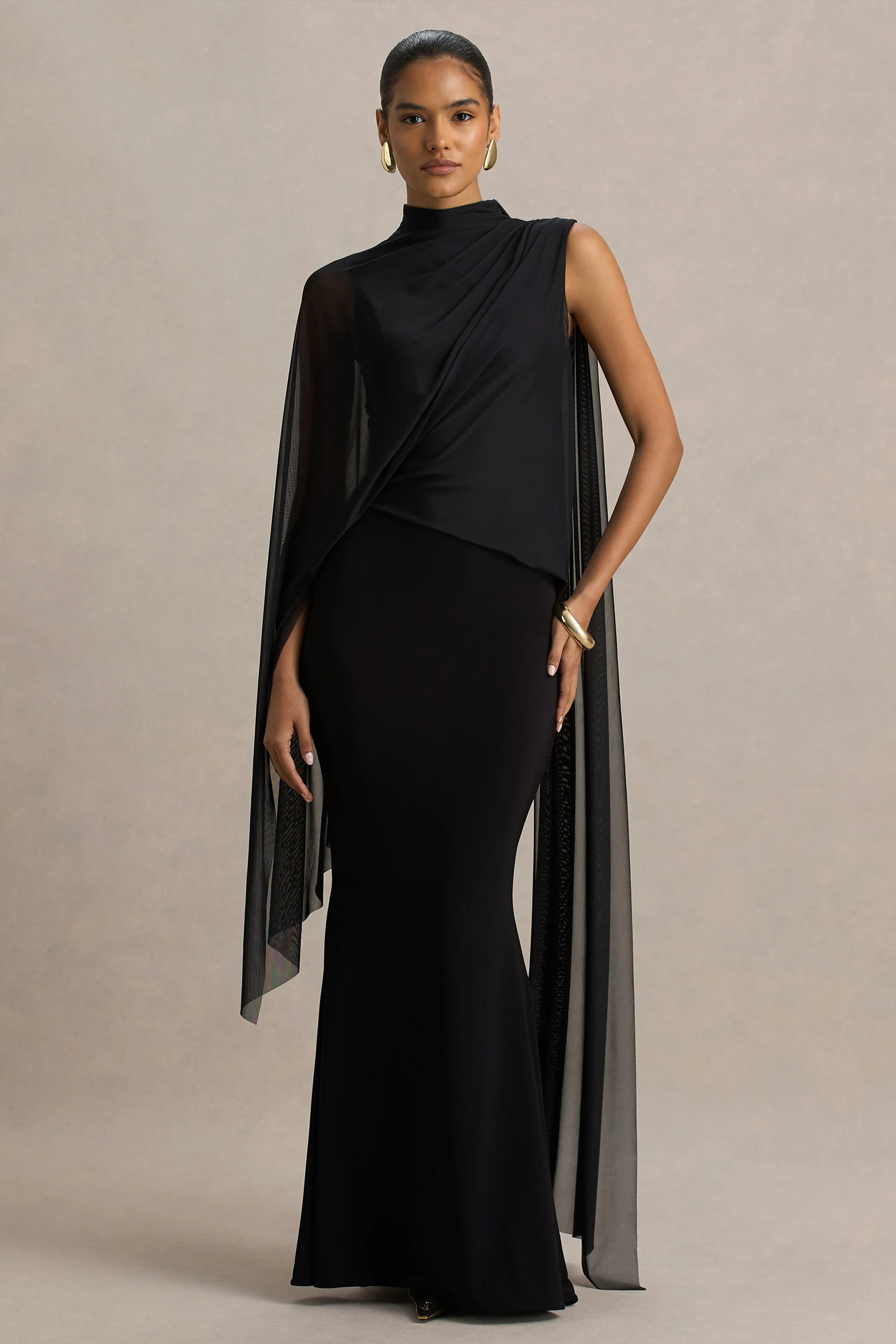 Amour | Black High-Neck Maxi Dress With Cape Sleeve Detail | Club L London