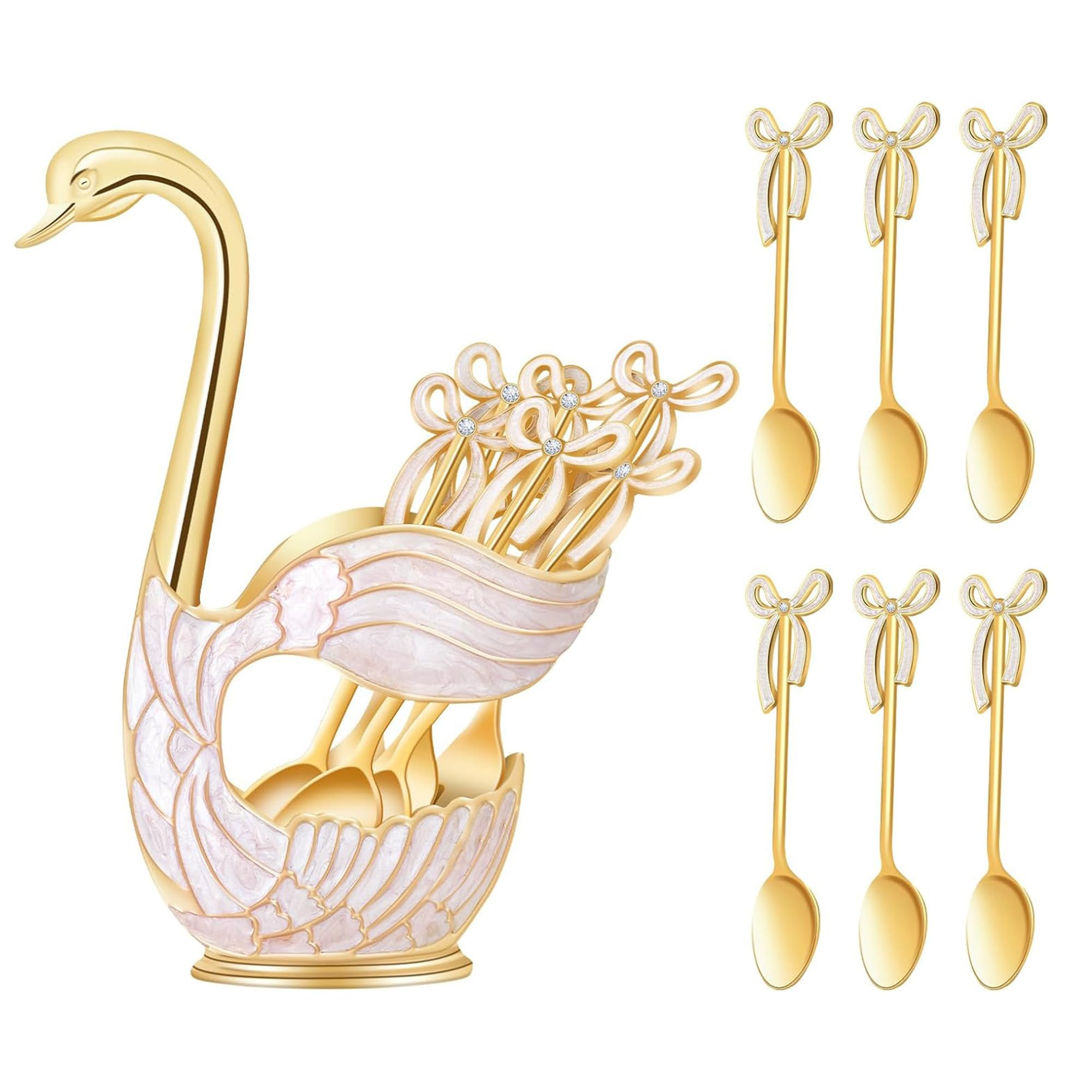 Coffee Dessert Spoon Set With Swan Base Holder, 6-Piece for Fruits, Exquisite Small Spoon Gift fo... | Amazon (US)
