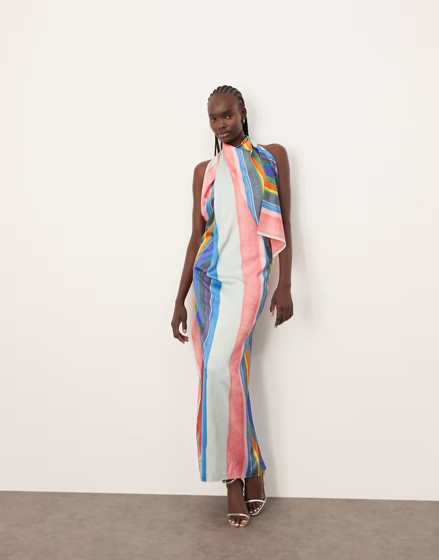 ARRANGE satin high neck drape maxi dress in painterly stripe-Multi | ASOS (Global)