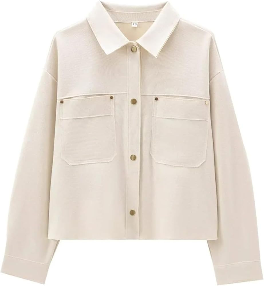 Women's Lapel Patch Pocket Suede Texture Long Sleeve Short Jacket Casual Solid Color Jacket Top | Amazon (US)