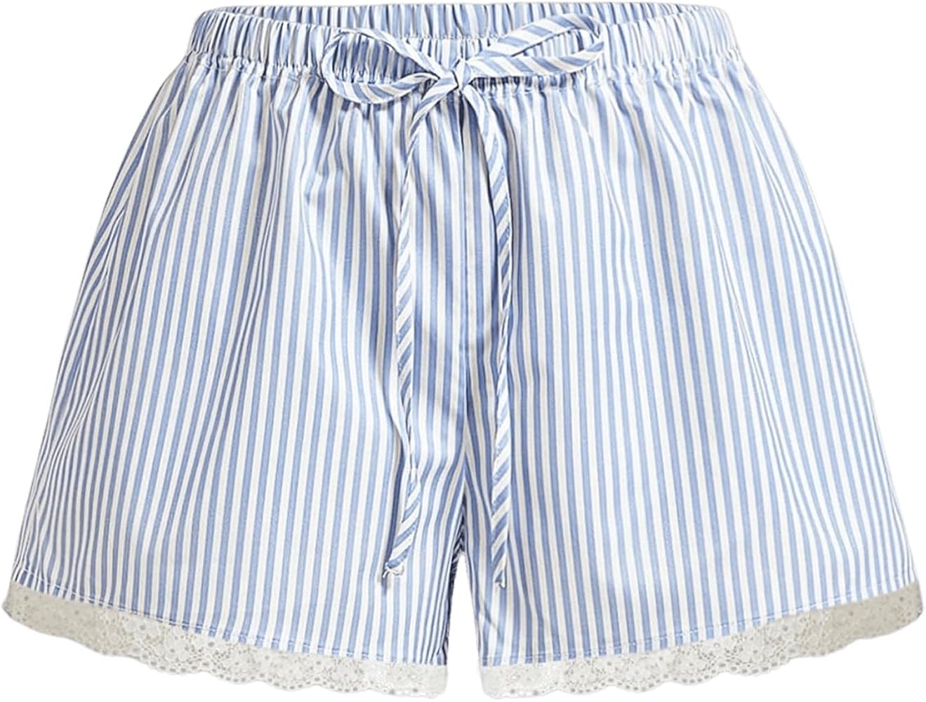 Floerns Women's Striped Elastic Drawstring Waist Contrast Lace Hem Wide Leg Mini Shorts | Amazon (US)