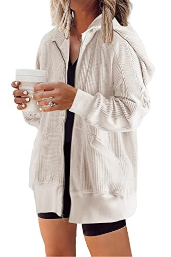 Yanekop Womens Oversized Fall Jackets Zip Up Hoodie Jacket Coat Waffle Knit Shacket Fall Outfits with Pocket(Beige,M) | Amazon (US)