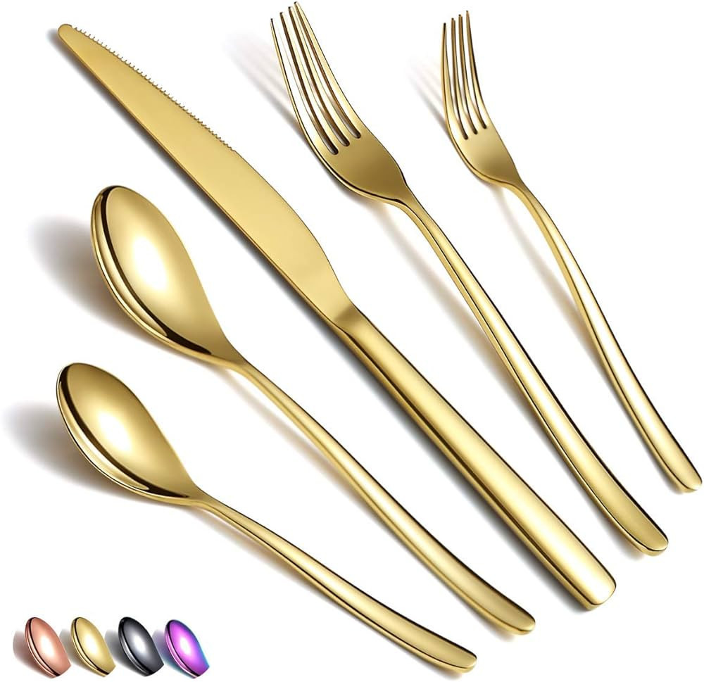Gold Silverware Set 20 Pieces, Stainless Steel Gold Flatware Set, Titanium Plating Golden Cutlery... | Amazon (US)