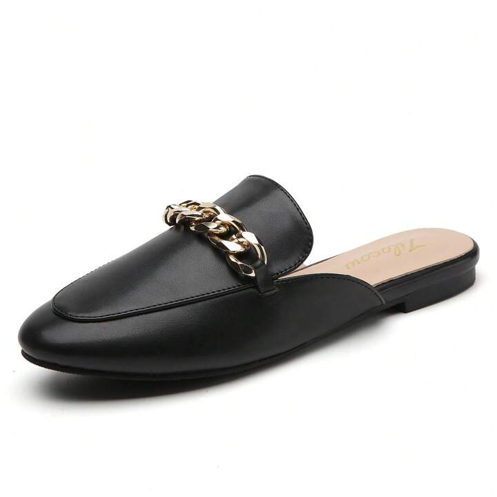 Tilocow Metal Chain Decor Flat Mules For Women Closed Round Toe Slip On Loafers Slides Backless M... | SHEIN