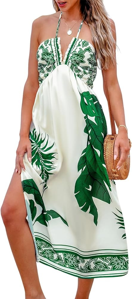 CUPSHE Women Backless Floral Summer Dress Plunging V Halter Neck Spaghetti Strap Ruffle Casual Be... | Amazon (US)