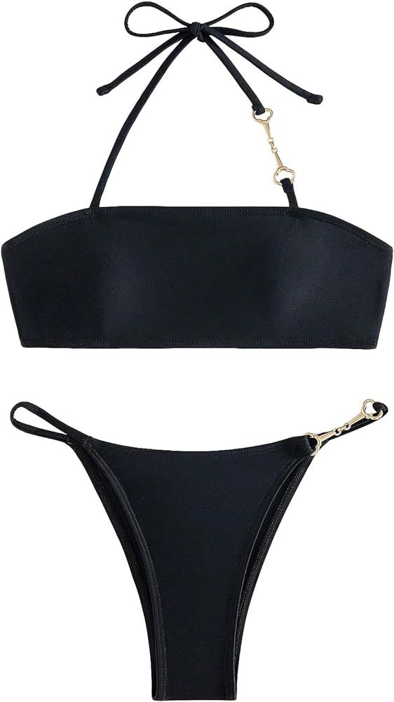 GORGLITTER Women's String Bikini Set High Waisted Thong Square Neck Chain Halter Swimsuit | Amazon (US)