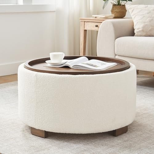 Zihanhome 30 Inch Round Storage Ottoman Coffee Table, Modern Boucle Ottoman with Lift-Off Lid and Solid Wood Legs for Living Room, Bedroom, Corners, Apartments (Beige) | Amazon (US)