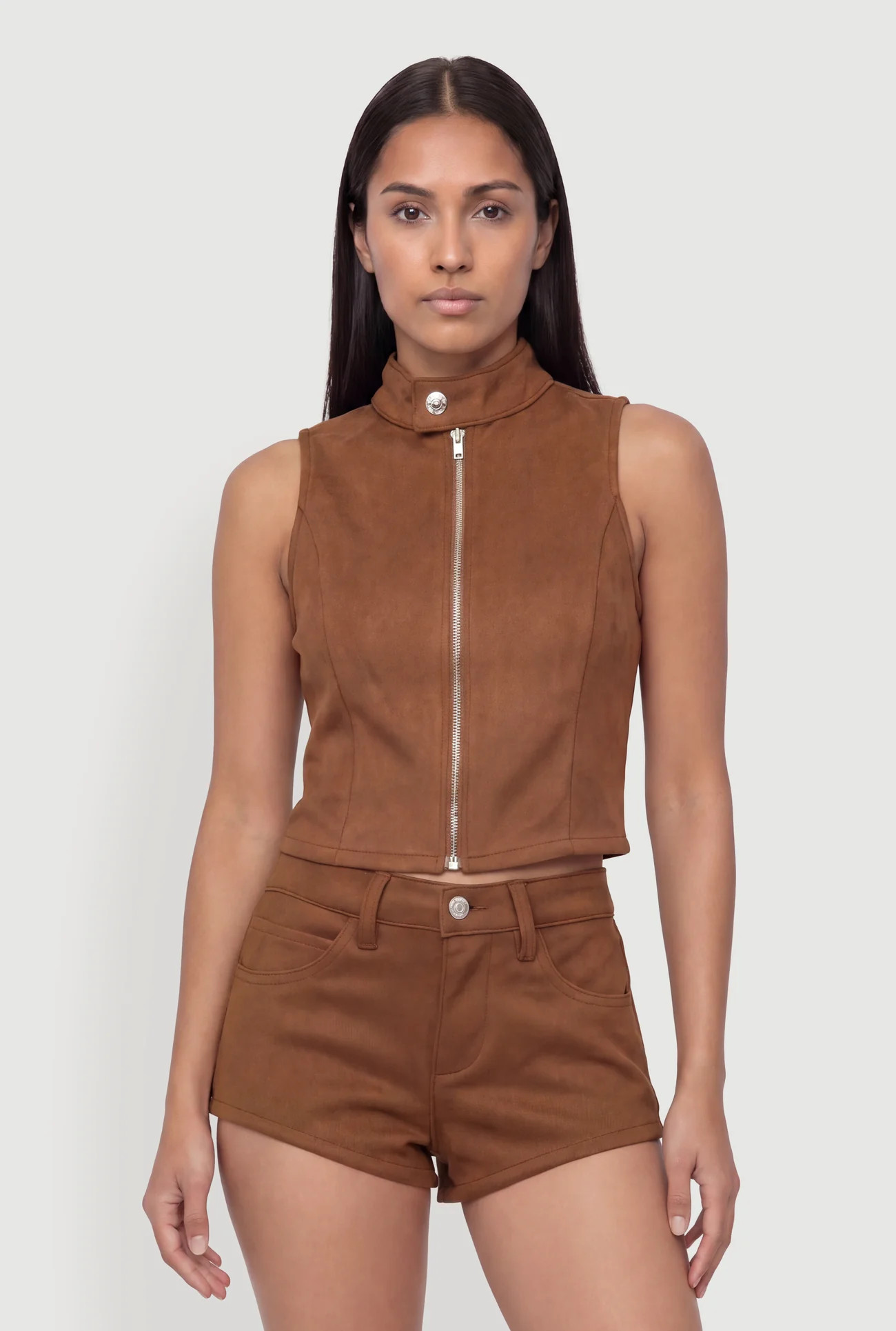 Faux Suede Zip Front Crop Top | Rainbow Shops