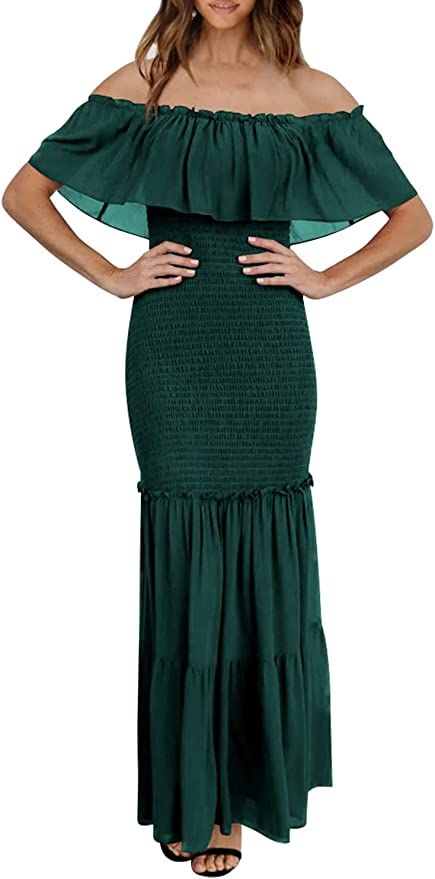 PRETTYGARDEN Women's Off Shoulder Chiffon Maxi Dress 2022 Elegant Ruffle Smocked Bodycon Party Co... | Amazon (US)