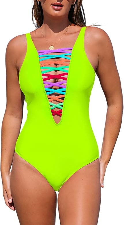 popvil Sexy One Piece Swimsuit for Women Plunge Deep V Neck Bathing Suit | Amazon (US)