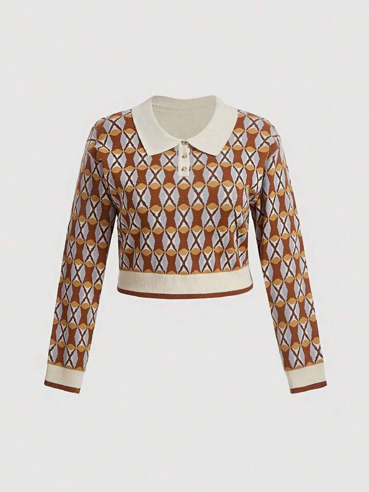 SHEIN MOD Plus Argyle Pattern Drop Shoulder Crop Sweater | SHEIN