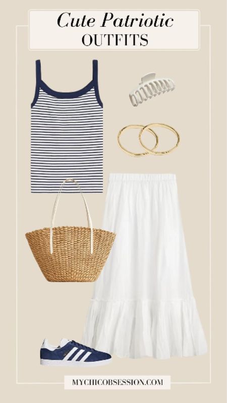 Try this simple but chic look for your next summer outfit. Pair a striped navy tank top with a white maxi skirt, gold hoops, a claw clip, and a straw tote. Finish the look with a pair of Adidas sneakers.

#LTKStyleTip #LTKSeasonal