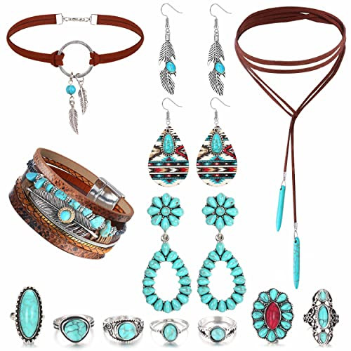 Florideco Western Bohemian Jewelry Set for Women - Turquoise Faux Leather Cuff Bracelet, Pendant Choker Necklace, Hoop Dangle Earrings, and Joint Knuckle Rings | Amazon (US)